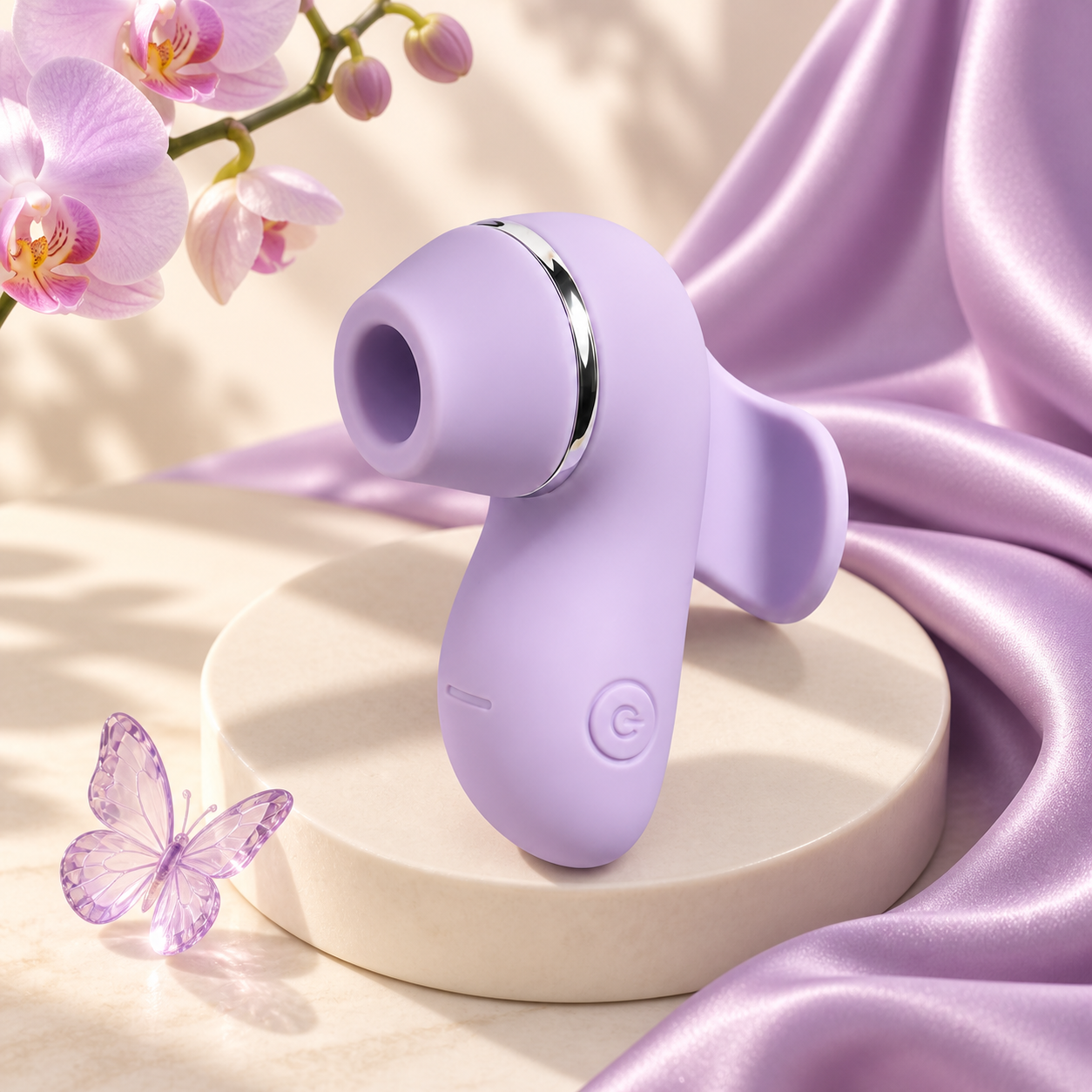 The Butterfly on an ivory pedestal with lavender satin and orchids